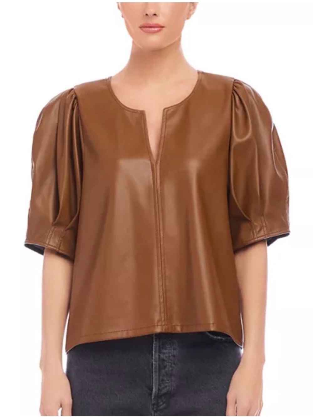 Fifteen Twenty Poof Faux Leather Blouse V Neck Size Small